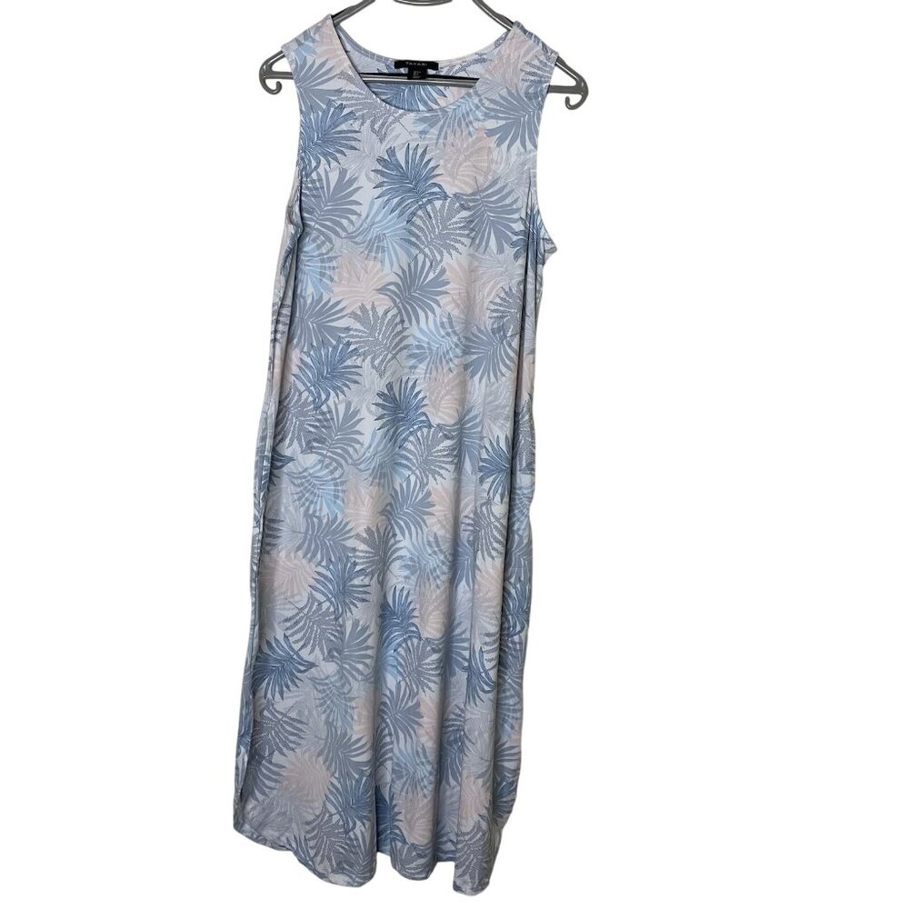 Tahari Palm Leaf Midi Dress L Blue Tropical Resort Tank Pockets